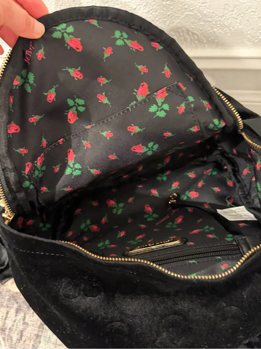 Betsey Johnson Black Velvet Mini Backpack with Gold Hardware